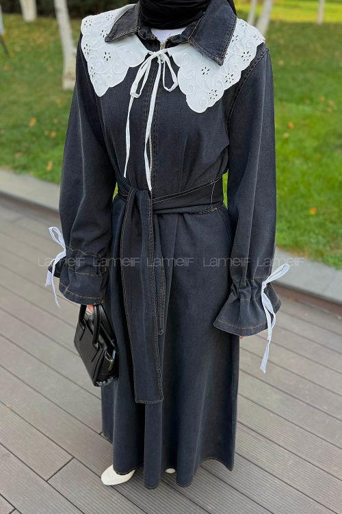 Lamelif Dantel Yaka Kot Elbise Siyah