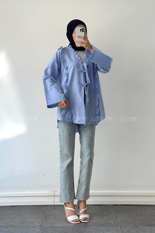 Lamelif Fırfır Detaylı Bağlamalı Tesettür Gömlek Mavi