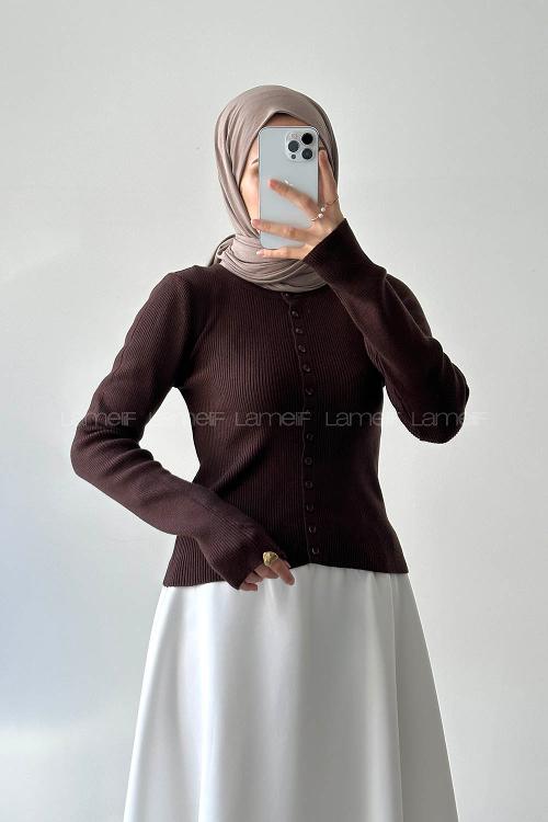 Lamelif Fitilli Düğmeli Hırka Acı Kahve