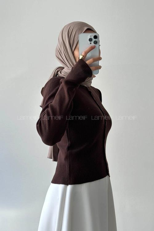 Lamelif Fitilli Düğmeli Hırka Acı Kahve