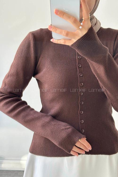 Lamelif Fitilli Düğmeli Hırka Acı Kahve