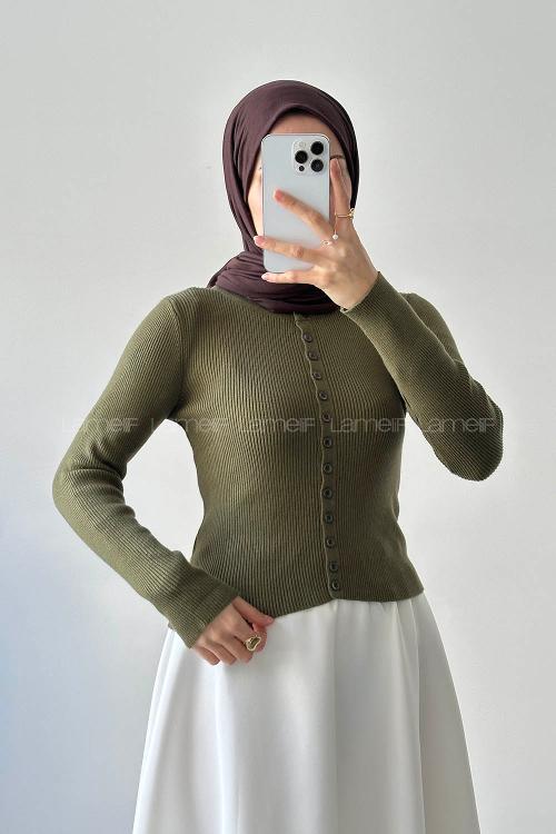 Lamelif Fitilli Düğmeli Hırka Haki