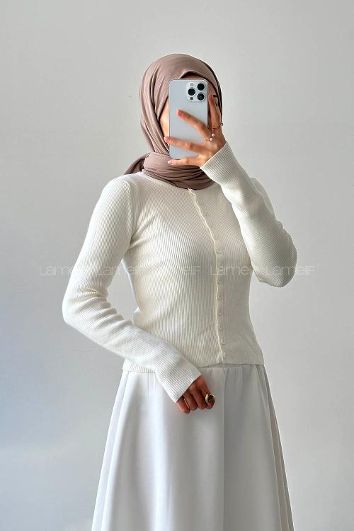 Lamelif Fitilli Düğmeli Hırka Kemik