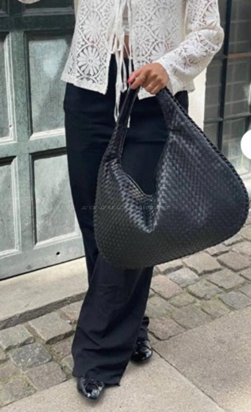 Lamelif Kadın Örgü Detay Büyük Boy Omuz ve Tote Çanta Siyah