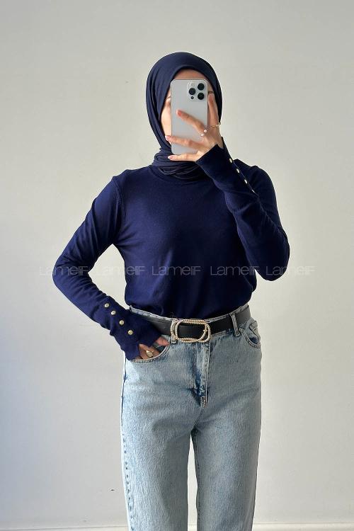 Lamelif Kol Drop Detaylı Kazak Lacivert