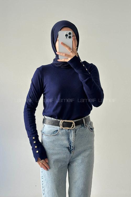 Lamelif Kol Drop Detaylı Kazak Lacivert