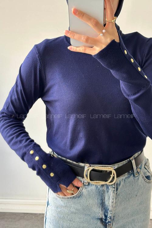 Lamelif Kol Drop Detaylı Kazak Lacivert