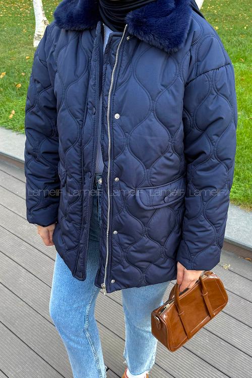 Lamelif Kürk Yaka Şişme Mont Lacivert