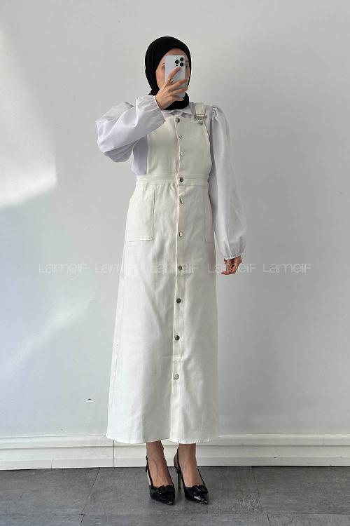 Lamelif Önü Boydan Düğmeli Salopet Kırık Beyaz