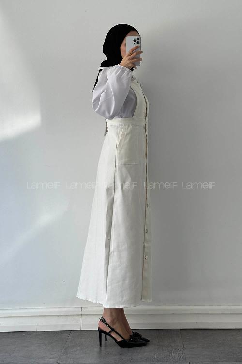 Lamelif Önü Boydan Düğmeli Salopet Kırık Beyaz