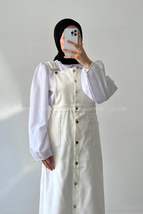 Lamelif Önü Boydan Düğmeli Salopet Kırık Beyaz