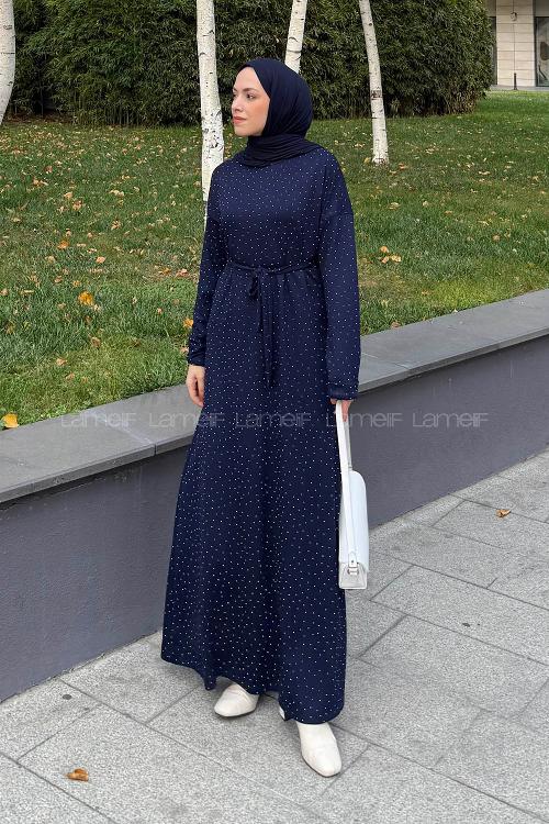 Navy Blue Crew Neck Cotton Dresess