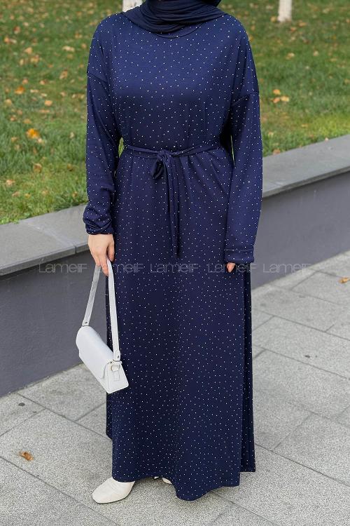 Navy Blue Crew Neck Cotton Dresess