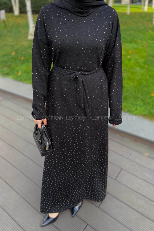 Lamelif Taş Detaylı Tesettür Elbise Siyah