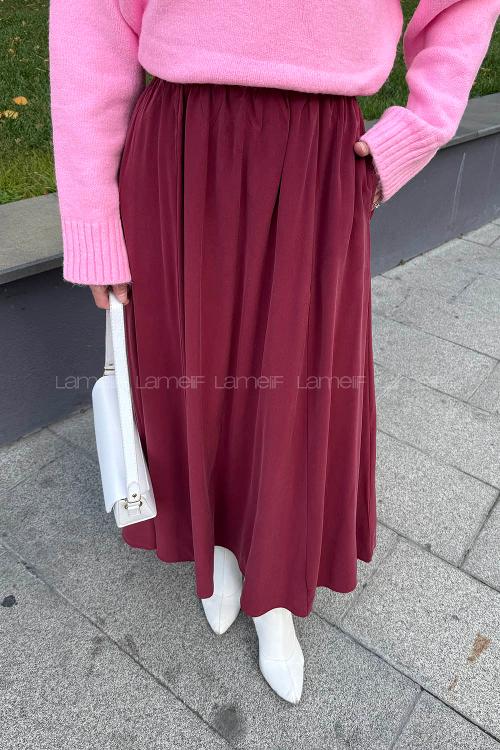 Lamelif Tensel Tesettür Etek Bordo