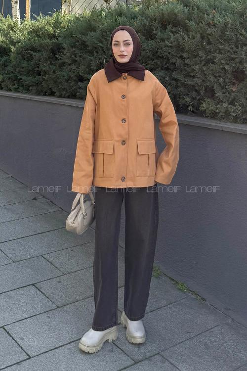 Lamelif Yaka Detaylı Parka Taba