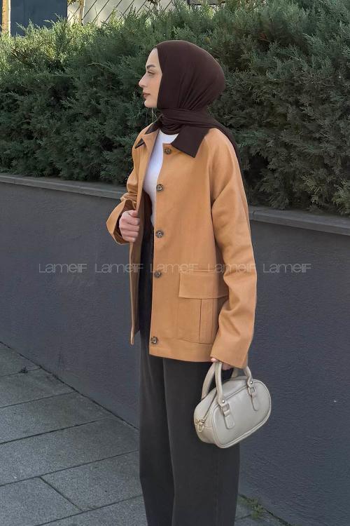 Lamelif Yaka Detaylı Parka Taba