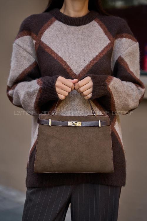 Lamelif Hermez Gold Kemer Detaylı Süet Kadın Çanta Acı Kahve