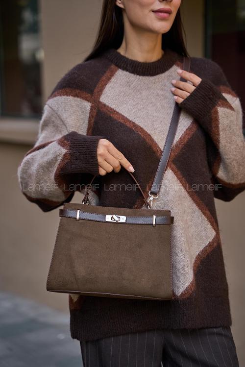 Lamelif Hermez Gold Kemer Detaylı Süet Kadın Çanta Acı Kahve