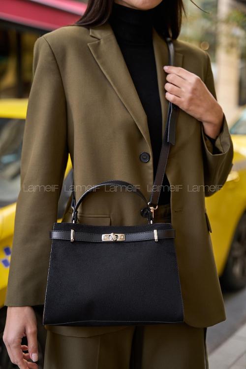 Lamelif Hermez Gold Kemer Detaylı Süet Kadın Çanta Siyah