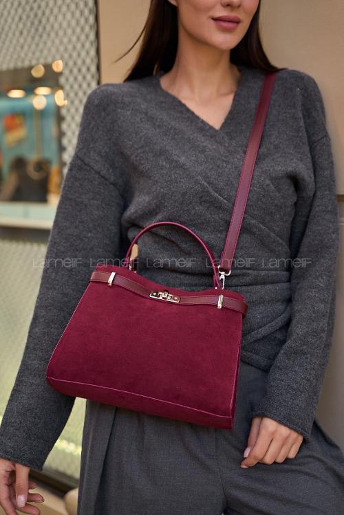 Lamelif Hermez Taba Gold Kemer Detaylı Süet Kadın Çanta Bordo