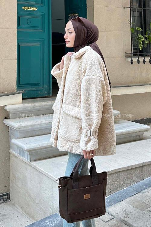 Lamelif Kol Detaylı Fermuarlı Teddy Mont Taş Rengi