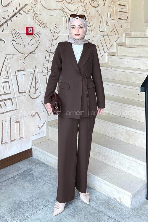 Lamelif Bağlama Detaylı Ceket Takım Acı Kahve