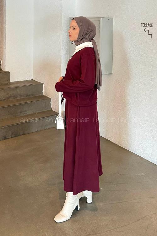 Lamelif Beyaz Yaka Triko Takım Bordo