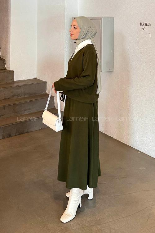 Lamelif Beyaz Yaka Triko Takım Haki