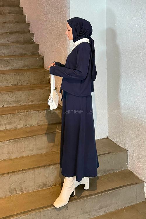 Navy Blue Shirt Collar Long Arm Cotton Knitwear Lycra Flared Skirt Suit