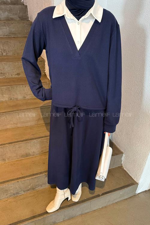 Navy Blue Shirt Collar Long Arm Cotton Knitwear Lycra Flared Skirt Suit