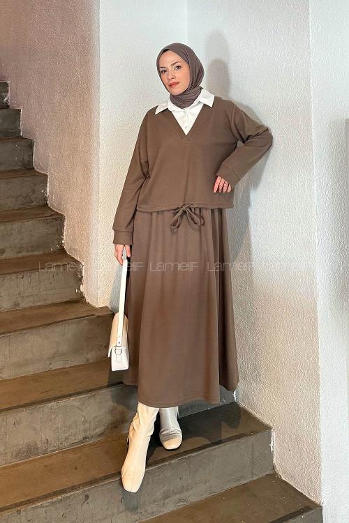 Mink Shirt Collar Long Arm Cotton Knitwear Lycra Flared Skirt Suit