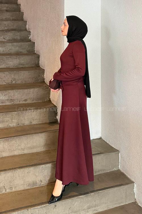Lamelif Kuşaklı Scuba Elbise Bordo