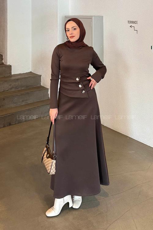 Lamelif Kuşaklı Scuba Elbise Kahverengi