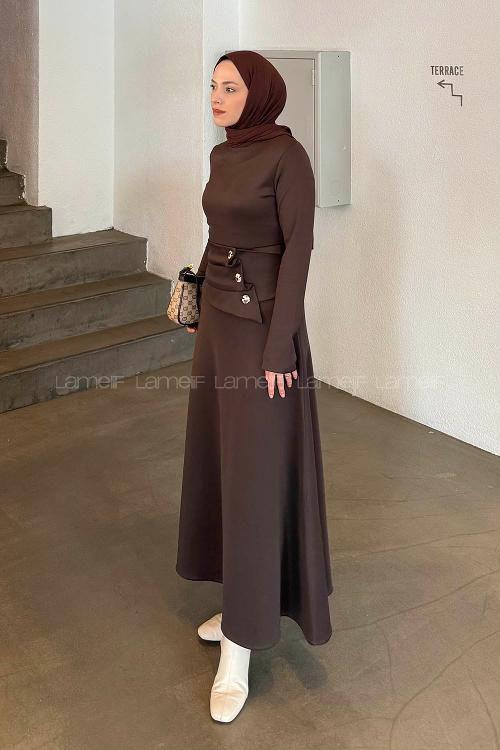 Lamelif Kuşaklı Scuba Elbise Kahverengi