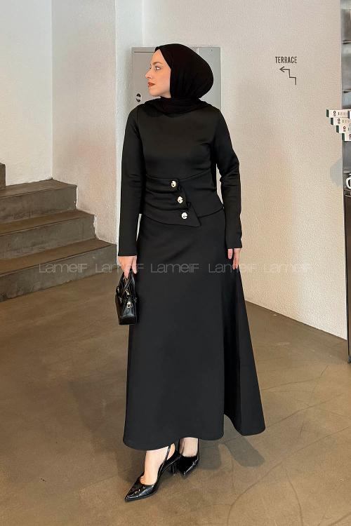 Lamelif Kuşaklı Scuba Elbise Siyah