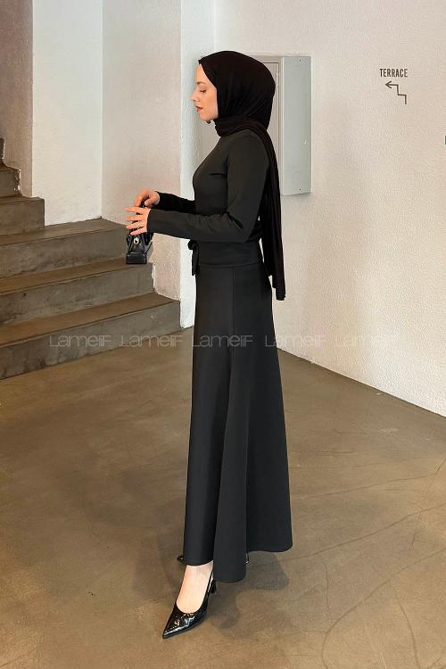 Lamelif Kuşaklı Scuba Elbise Siyah