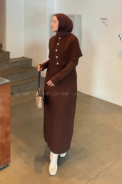 Lamelif Pelerinli Fitilli Elbise Acı Kahve