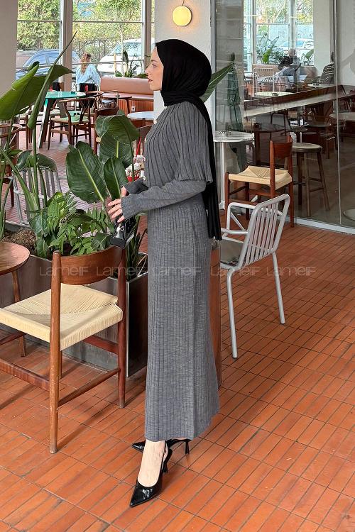 Lamelif Pelerinli Fitilli Elbise Antrasit