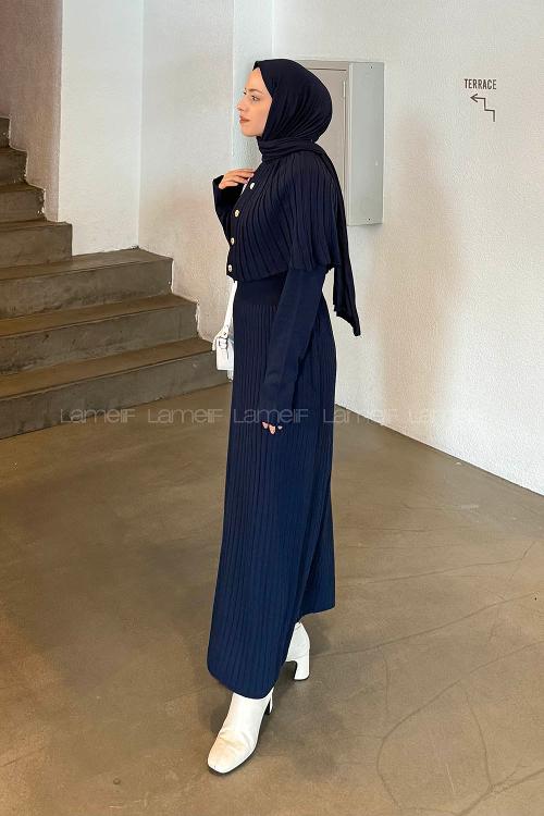 Navy Blue Normal Neck Wool Acrylic Dresess