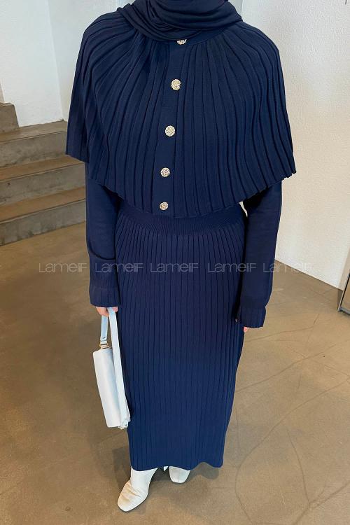 Navy Blue Normal Neck Wool Acrylic Dresess