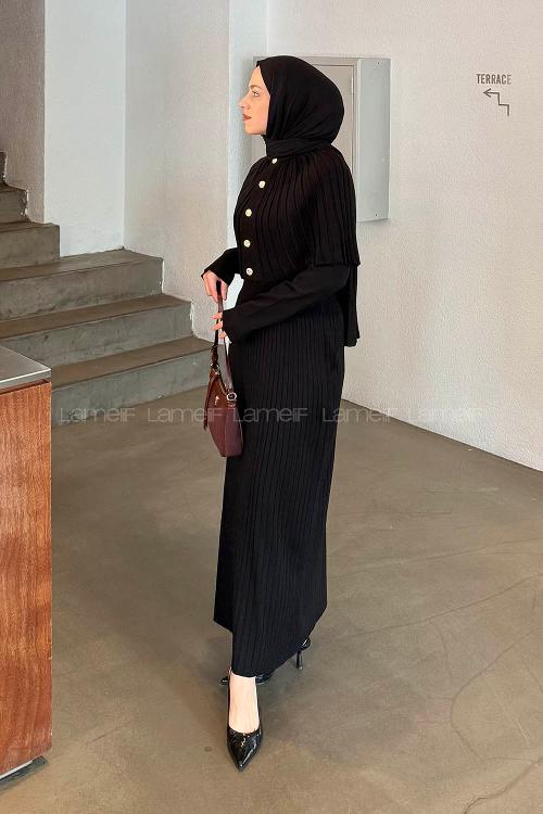 Black Normal Neck Wool Acrylic Dresess