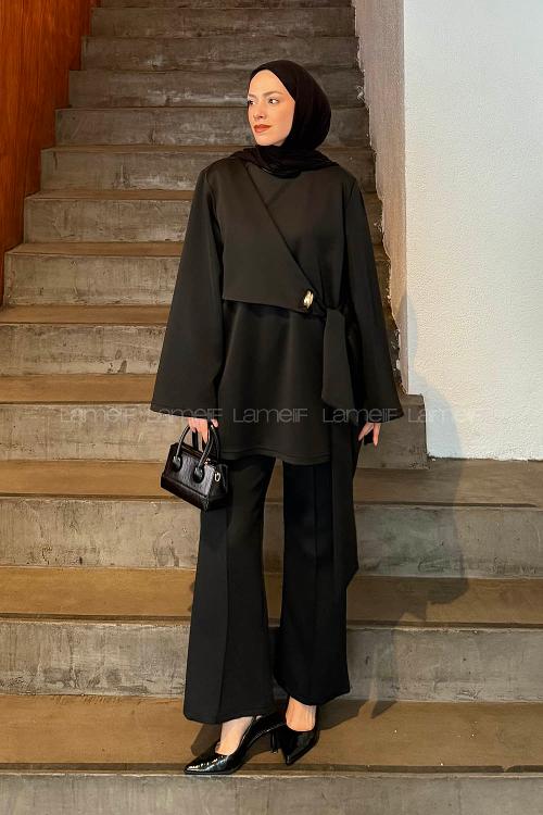 Lamelif Yan Bağlama Detaylı Pantolonlu Takım Siyah