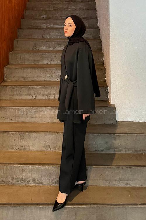Lamelif Yan Bağlama Detaylı Pantolonlu Takım Siyah