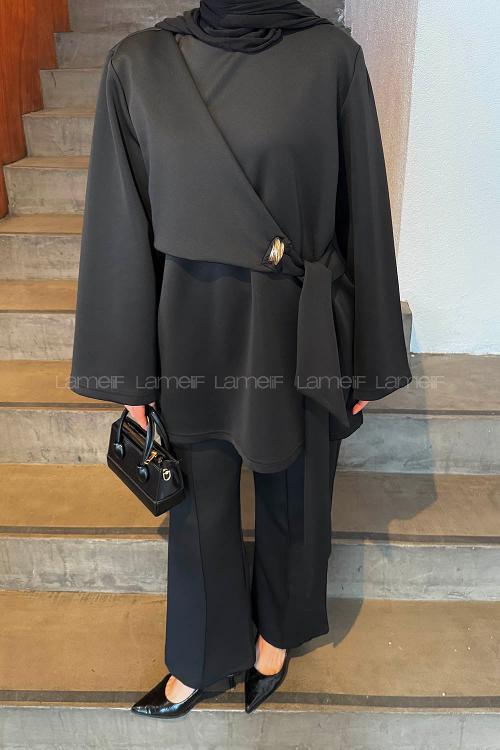 Lamelif Yan Bağlama Detaylı Pantolonlu Takım Siyah