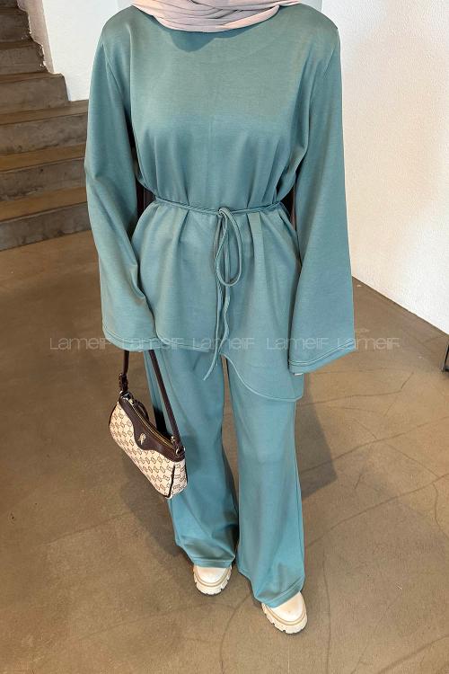 Plum Green Crew Neck Long Arm Cotton Regular Trousers Comfortable Suit
