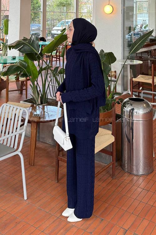 Lamelif Örgü Desen Triko Takım Lacivert