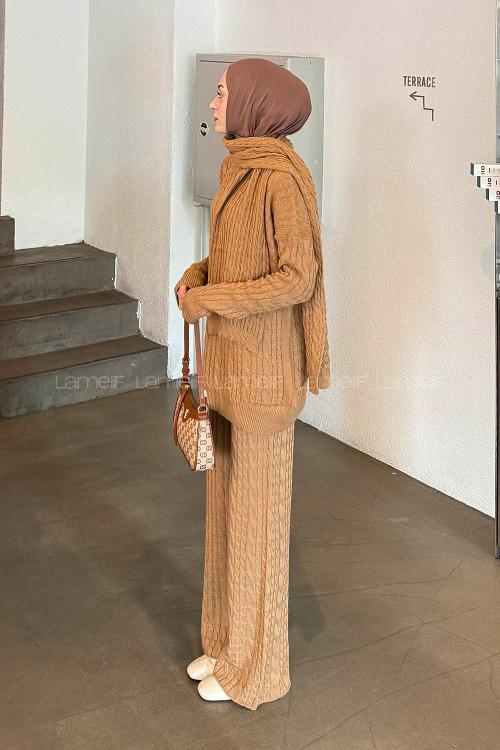 Lamelif Örgü Desen Triko Takım Sütlü Kahve