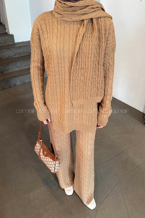 Lamelif Örgü Desen Triko Takım Sütlü Kahve