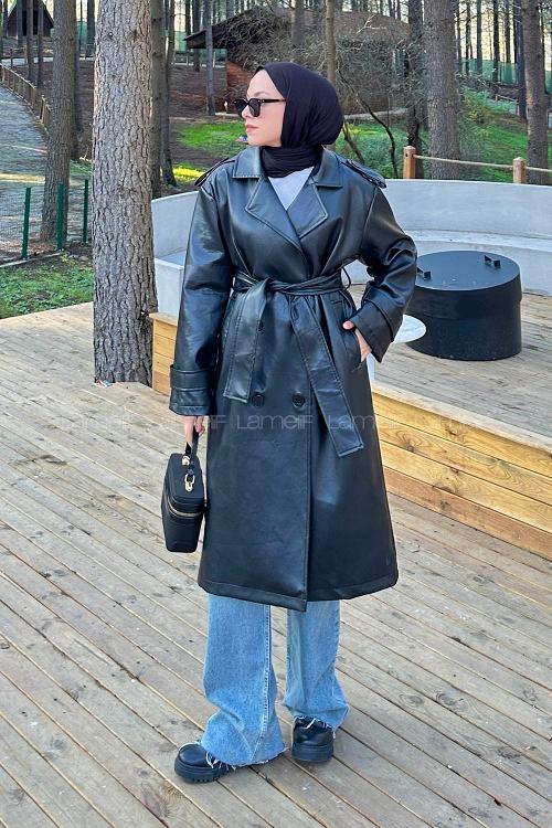 Lamelif Bağlama Detaylı Deri Mont Siyah